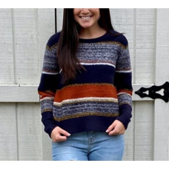 New Skies Are Blue XSmall XS Navy Blue Orange Textured Striped Crew Neck Sweater - Picture 10 of 10